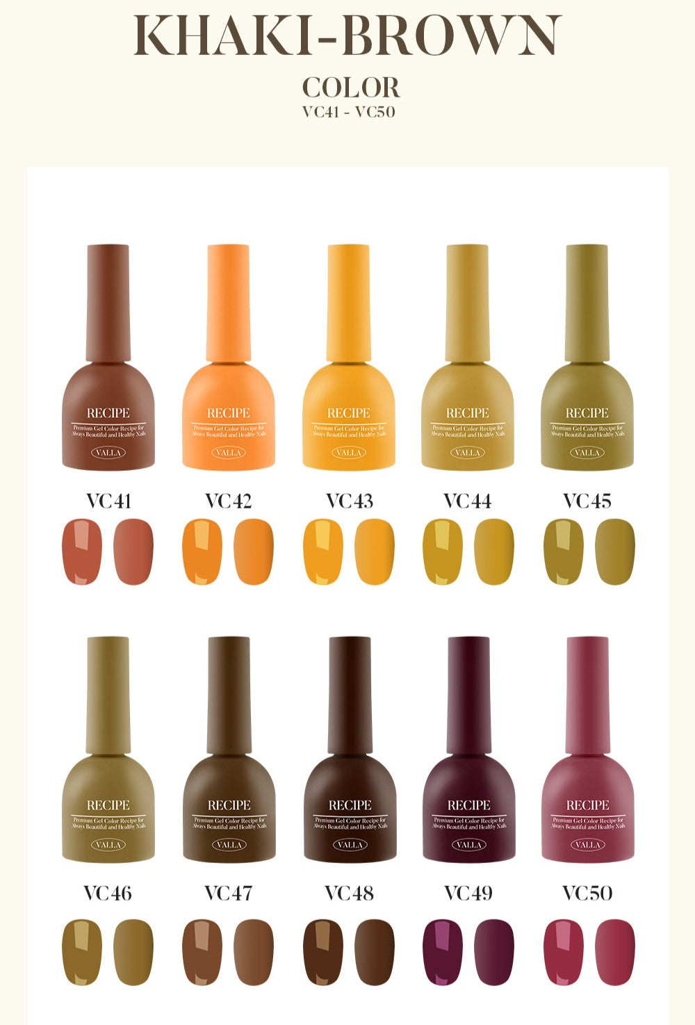 Valla Solid Non-Wipe Colour Collection - Khaki to Brown Series VC41-VC50 (Individual Colours)