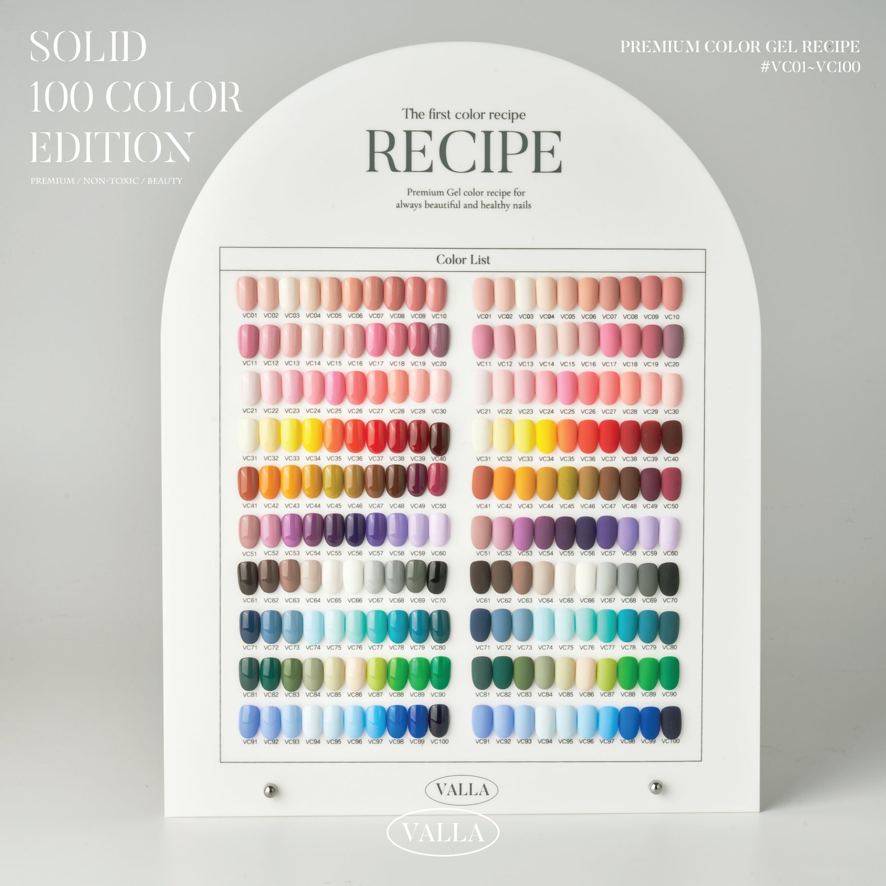 [PRE-ORDER] Valla Solid 100pc Non-Wipe Opaque Gel Collection (Includes 1 Top Gel, 1 Matte Top and Solid Colour Chart Board)