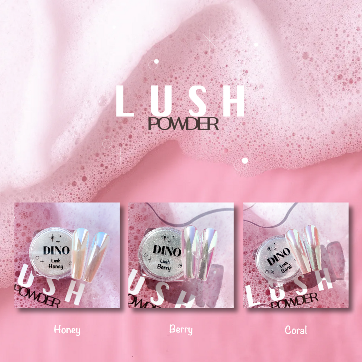 DINO It's Nail O'Clock Chrome Powder - Lush Powder (Full 3pc set/3 colour options)