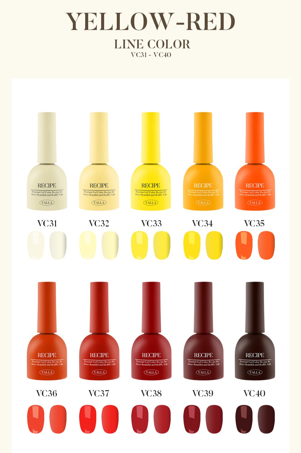 Valla Solid Non-Wipe Colour Collection - Yellow to Red Series VC31-VC40 (Individual Colours)