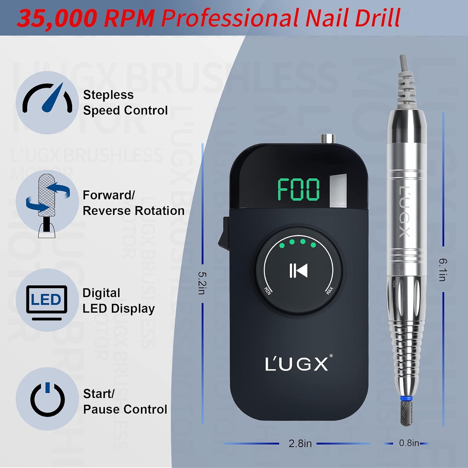 LUGX Brushless E-File/Nail Drill with handpiece stand & premium LUGX drill bit