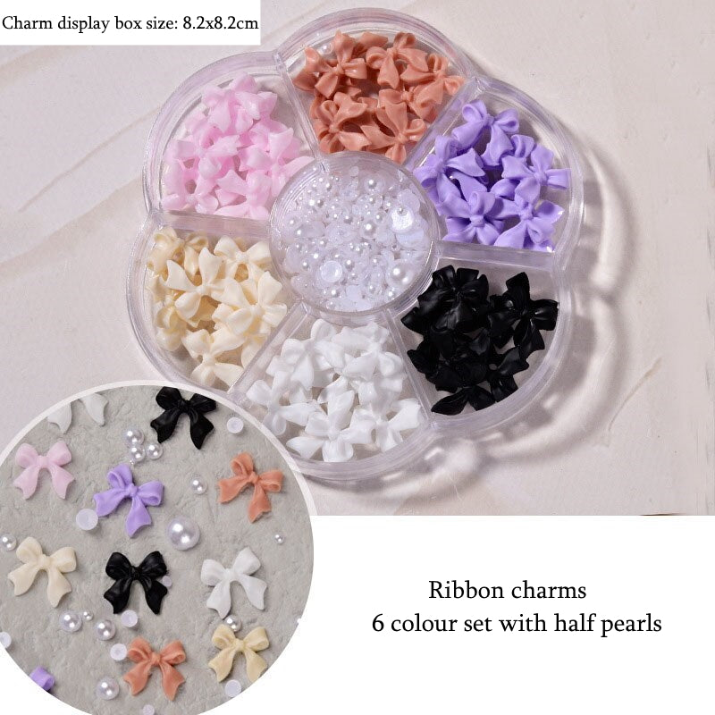 Ribbon charms and with half pearls - 6 colour set